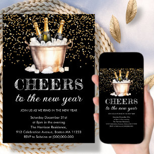 Black & Gold   Cheers To The New Year Invitation