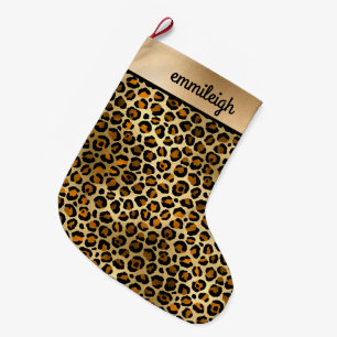 Black Gold Cheetah Leopard Monogram Christmas Large Christmas Stocking