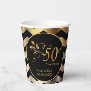 Black & Gold Chevron 50th Wedding Anniversary Paper Cups