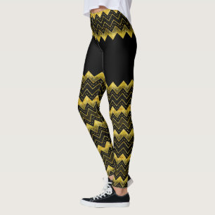 Black & Gold Chevron faux Glitter Composition Leggings