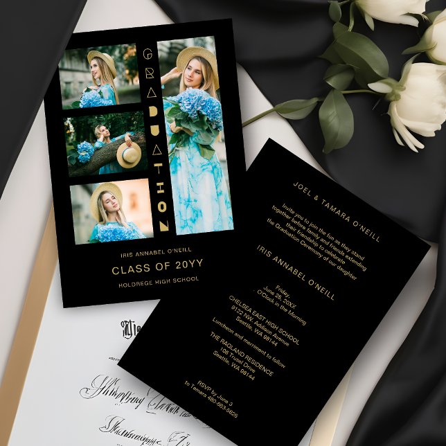 Black Gold Chic 4 Multi-Photos Funny Script Invita Invitation (Black & Faux Gold Sophisticated 4 Multi-Photos Collage Whimsical Script Graduation Invitation Card.)