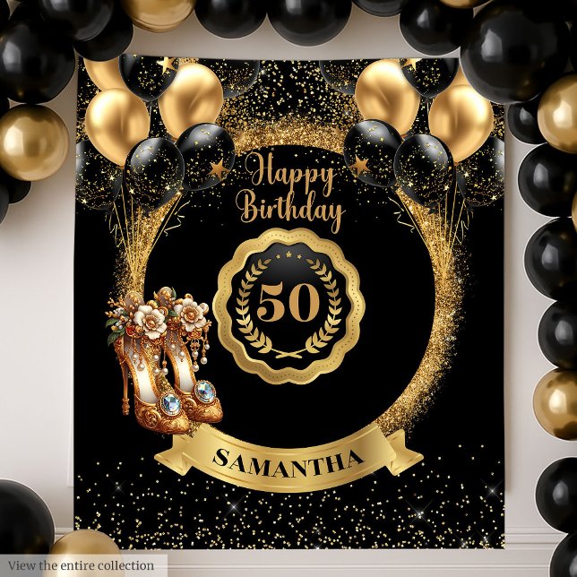 Black Gold Chic 50th Birthday Party Backdrop Tapestry (Black Gold Chic 50th Birthday Party Backdrop)