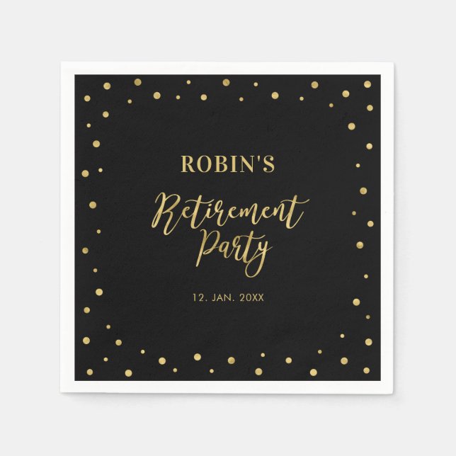 Black & Gold | Chic Confetti Retirement Party Napkin (Front)