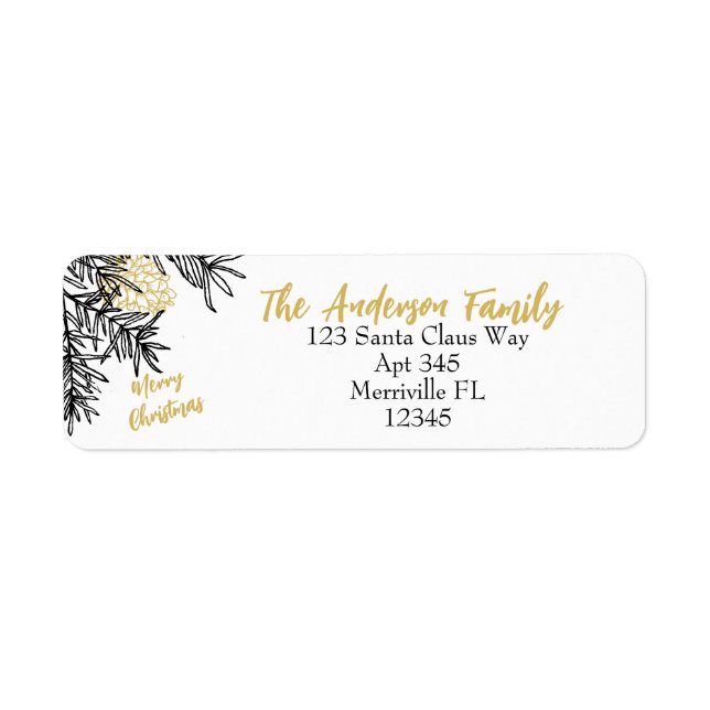 Black Gold Christmas Botanical Return Address Label (Front)