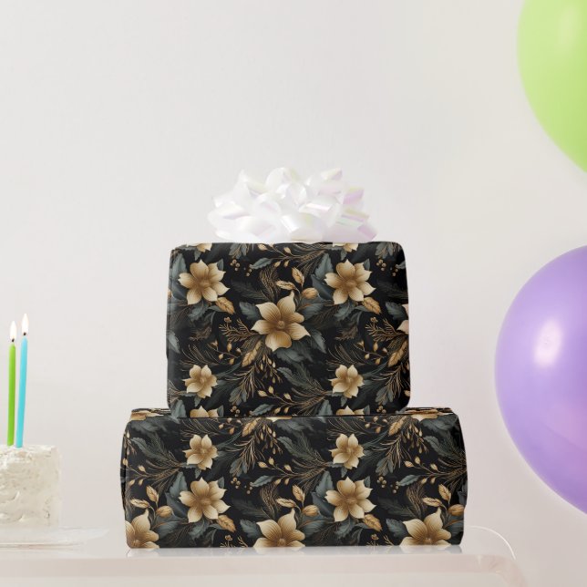  Black Gold Christmas Floral White Poinsettia Wrapping Paper (Party Gifts)