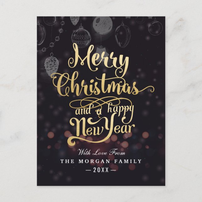 Black & Gold Christmas & Happy New Year Typography Holiday Postcard (Front)
