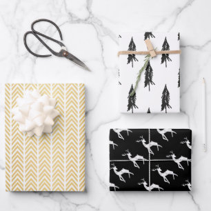 Black & Gold Christmas Reindeer Evergreen Trees Wrapping Paper Sheet