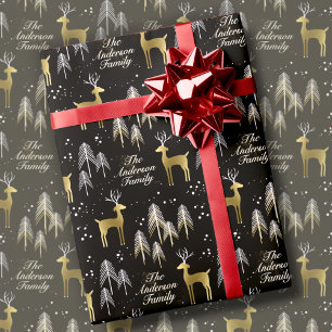 Black & Gold Christmas Reindeer Personalised Name Wrapping Paper