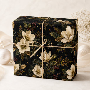 Black Gold Christmas Rose Hellebore Floral Wrapping Paper