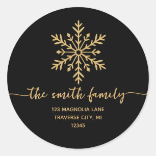 Black Gold Christmas Snow flake Return address Classic Round Sticker