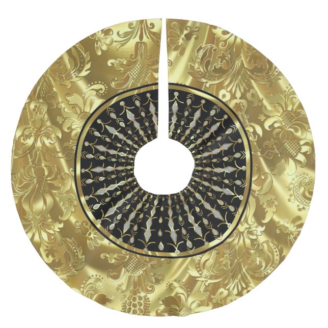 Black & Gold Christmas Snowflake Brushed Polyester Tree Skirt (Front)