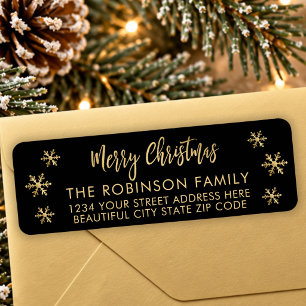 Black Gold Christmas Snowflake Return Address Label