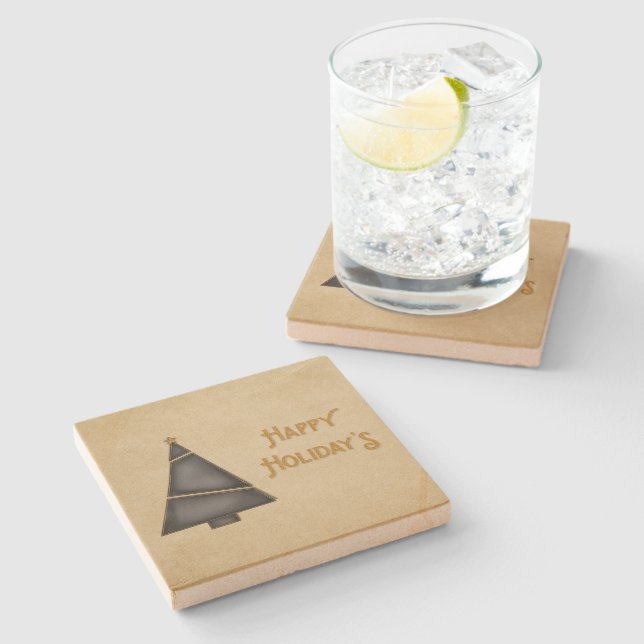 Black Gold Christmas Tree Happy Holidays Stone Coaster (Side)