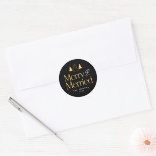 Black & Gold Christmas Tree Newlywed Photo Classic Round Sticker