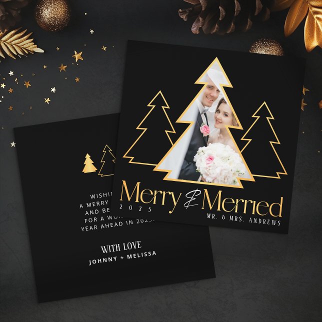 Black & Gold Christmas Tree Newlywed Photo Holiday Card (Creator Uploaded)