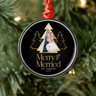 Black & Gold Christmas Tree Newlywed Photo Metal Ornament