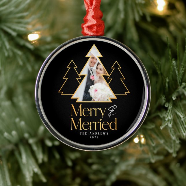Black & Gold Christmas Tree Newlywed Photo Metal Ornament (Tree)