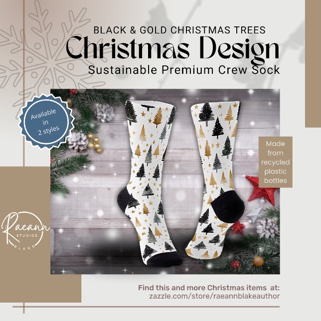 Black & Gold Christmas Trees  Crew Socks (Creator Uploaded)