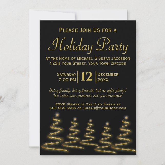 Black & Gold Christmas Trees Elegant Holiday Party Invitation (Front)