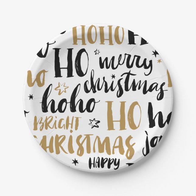 Black & Gold Christmas Word Text Art Cute Aestheti Paper Plate (Front)