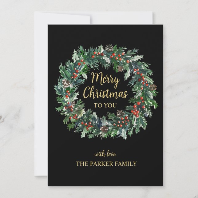 Black & Gold Christmas Wreath Holiday Card (Front)