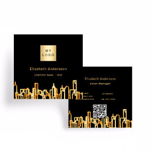 Black gold city skyline modern qr code logo square business card