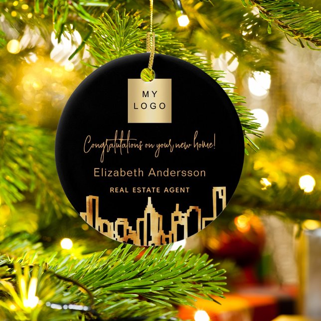 Black gold city skyline real estate agent logo ceramic ornament (Creator Uploaded)