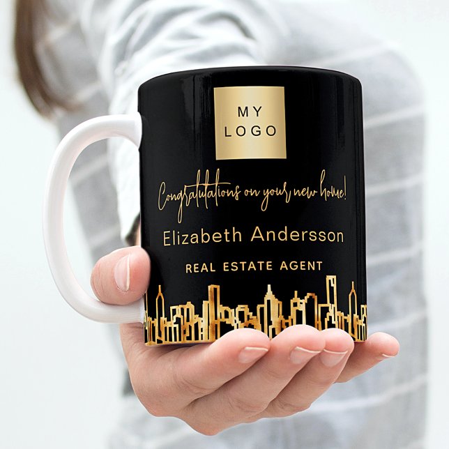 Black gold city skyline real estate agent logo coffee mug (Creator Uploaded)