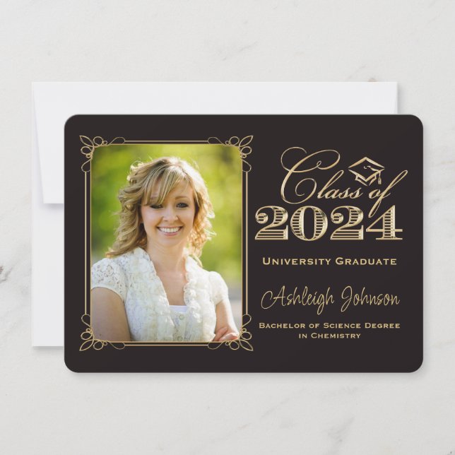 Black, Gold Class of 2024 Photo Graduation Invitation (Front)