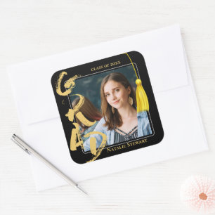 Black Gold Class of 2026 Photo Graduation Tassel Square Sticker