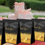 Black gold classic bow elegant thank you birthday favour box<br><div class="desc">Elegant,  classic,  glamourous and feminine style favour box.  A gold coloured ribbon and bow with golden glitter and sparkle,  a bit of bling and luxury for a 60th birthday party.  Black background. With the text: Thank You! on front.
Back: Templates for name and age 60.</div>