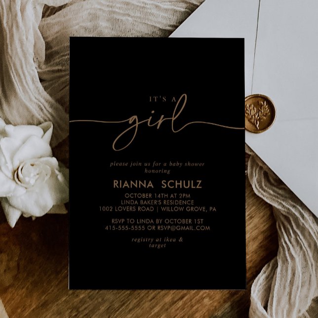 Black Gold Classic It's A Girl Baby Shower Invitation (Creator Uploaded)