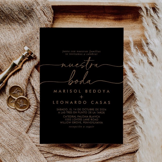 Black Gold Classic Nuestra Boda Wedding Invitation (Creator Uploaded)