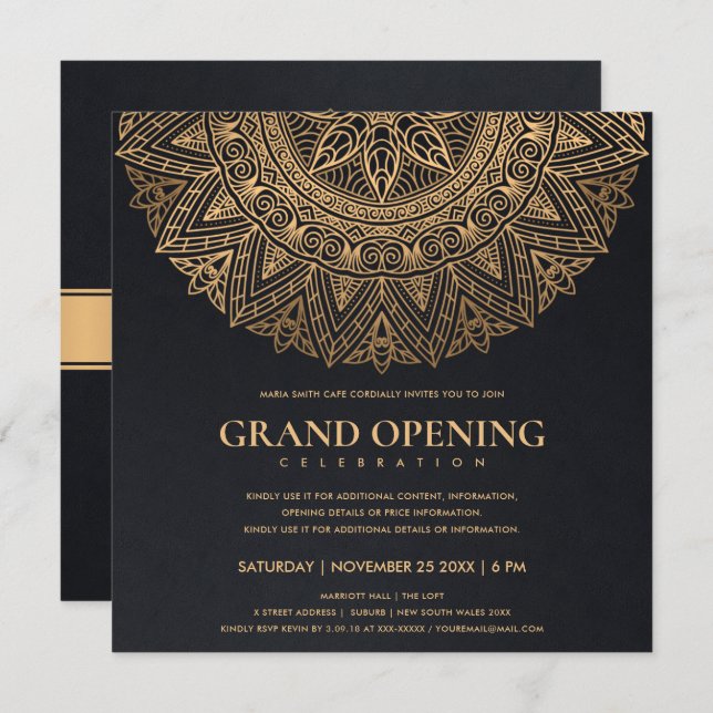 BLACK GOLD CLASSIC ORNATE MANDALA GRAND OPENING INVITATION (Front/Back)