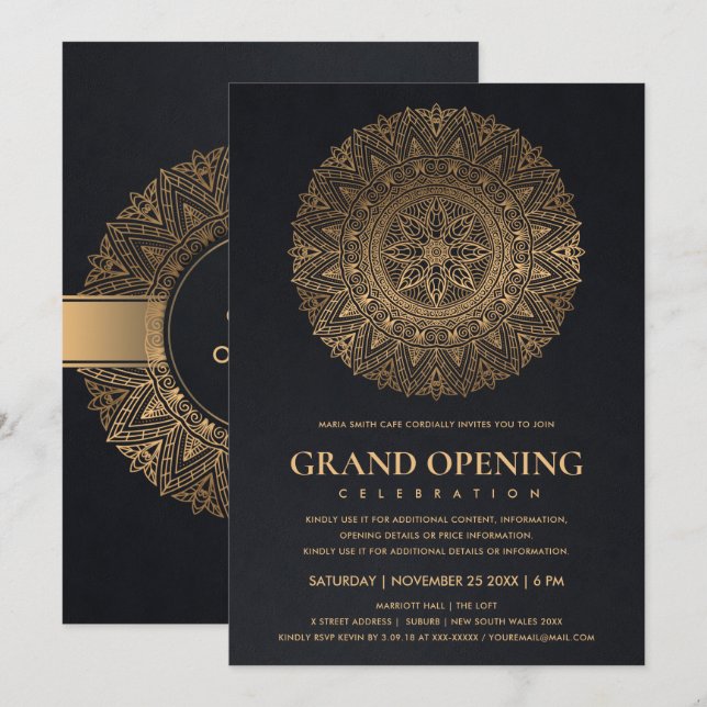 BLACK GOLD CLASSIC ORNATE MANDALA GRAND OPENING INVITATION (Front/Back)