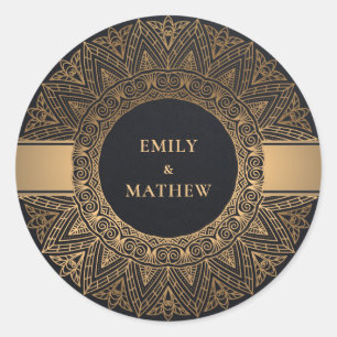 BLACK GOLD CLASSIC ORNATE MANDALA WEDDING ROUND STICKER