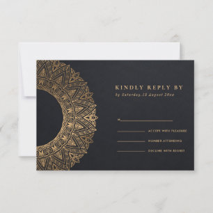 BLACK GOLD CLASSIC ORNATE MANDALA WEDDING RSVP CARD