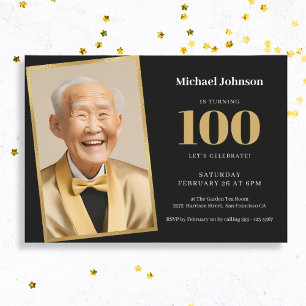 Black Gold Classy Custom Photo 100th Birthday Invitation