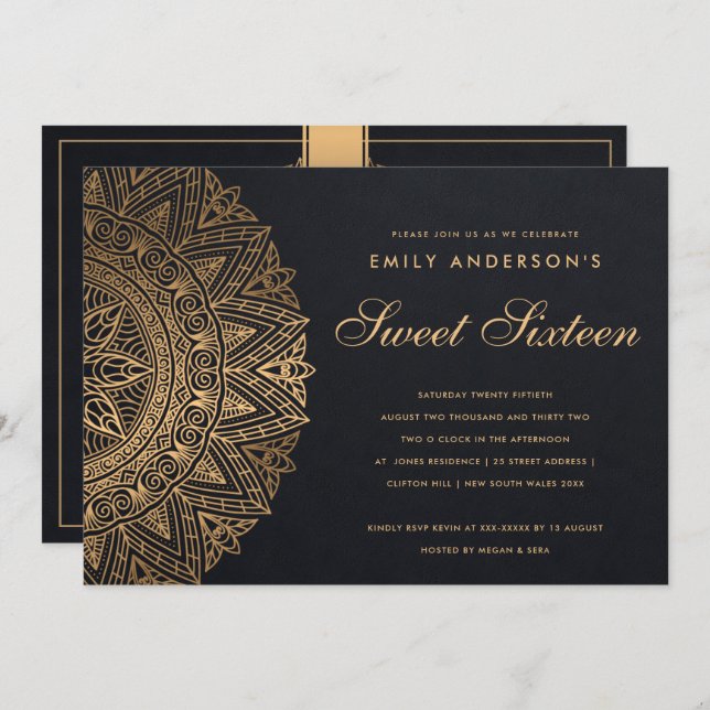 BLACK GOLD CLASSY ORNATE MANDALA SWEET 16 BIRTHDAY INVITATION (Front/Back)
