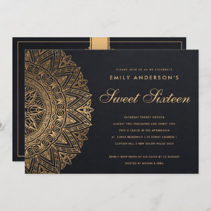 BLACK GOLD CLASSY ORNATE MANDALA SWEET 16 BIRTHDAY INVITATION