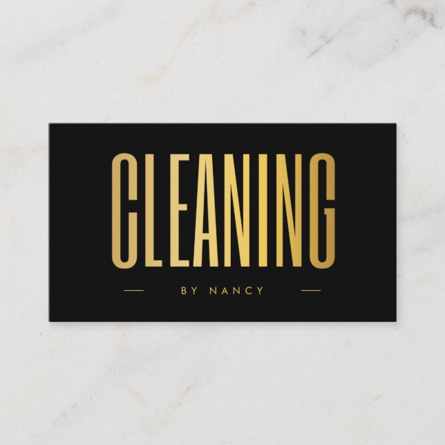 Black & Gold Cleaning Service Minimalist  Business Card (Front)