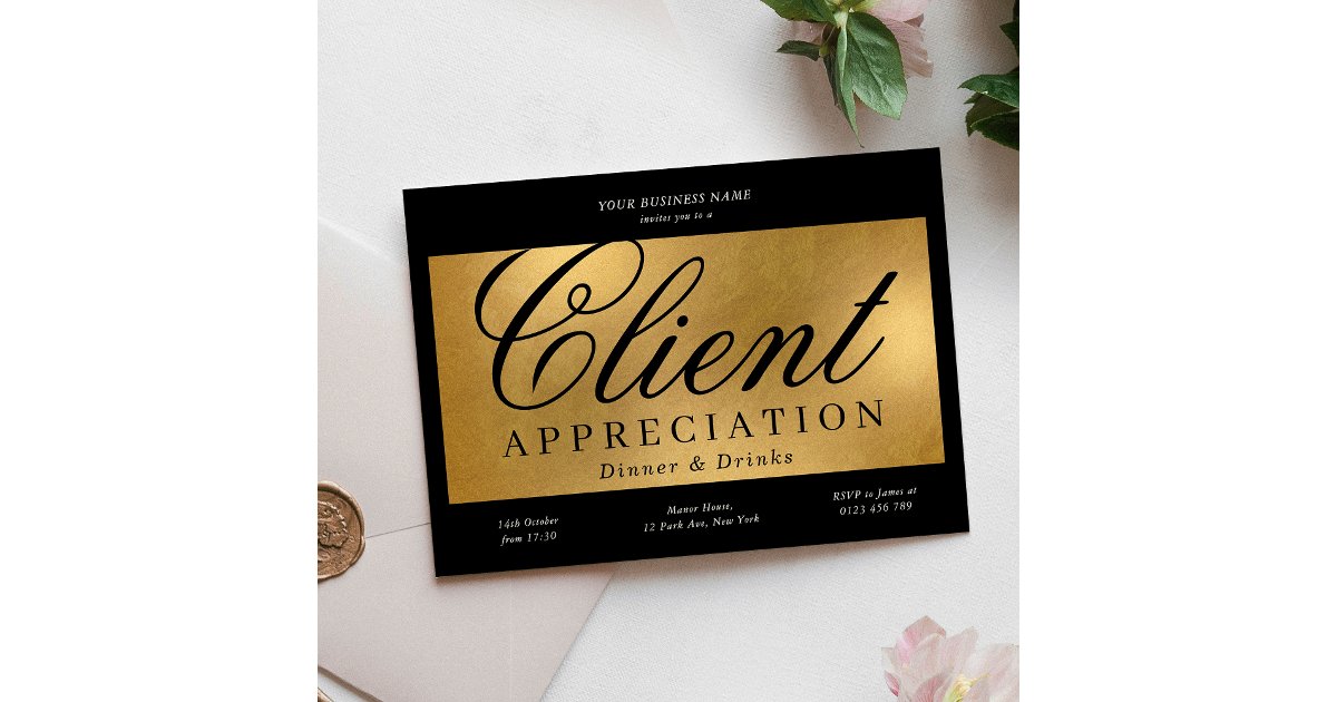Client Experience Invotation Black & Gold Client Appreciation Business Dinner Invitation | Zazzle