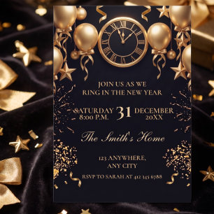 Black & Gold Clock Countdown New Year's Eve Party Invitation