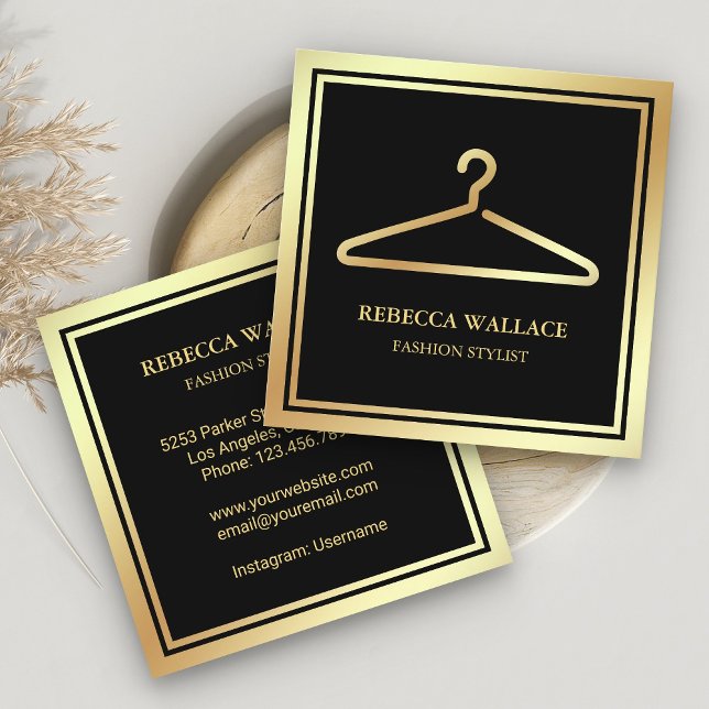 Black Gold Clothes Hanger Fashion Stylist Square Business Card (Creator Uploaded)
