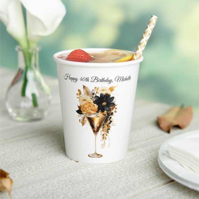 Black Gold Cocktails Drink Florals 40th Birthday  Paper Cups (Insitu)