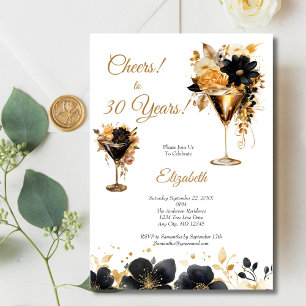 Black Gold Cocktails Drinks Florals 30th Birthday Invitation