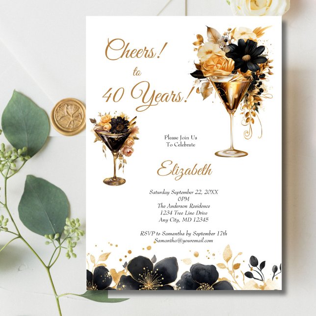 Black Gold Cocktails Drinks Florals 40th Birthday Invitation (Black Gold Cocktail Flowers Watercolor 40th Birthday invitation)