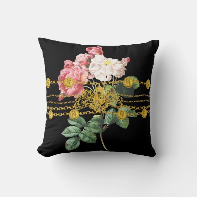Black Gold Coin Lion Emblem Chain Rose Floral Cushion (Front)