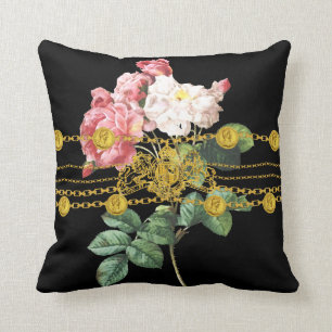 Black Gold Coin Lion Emblem Chain Rose Floral Cushion