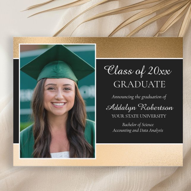 Black Gold College University Photo Graduation Announcement Postcard (Gold and black graduation photo announcement)